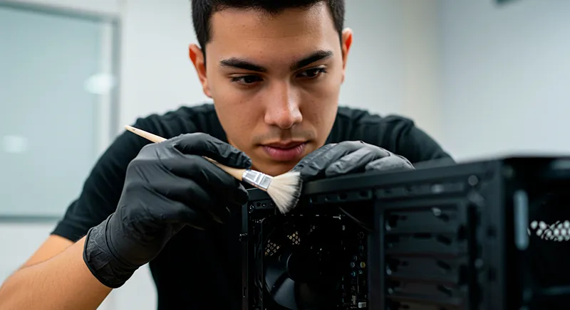 Técnico experto de TECNOCOM VALLE realizando mantenimiento profesional de un computador portátil en Buga.