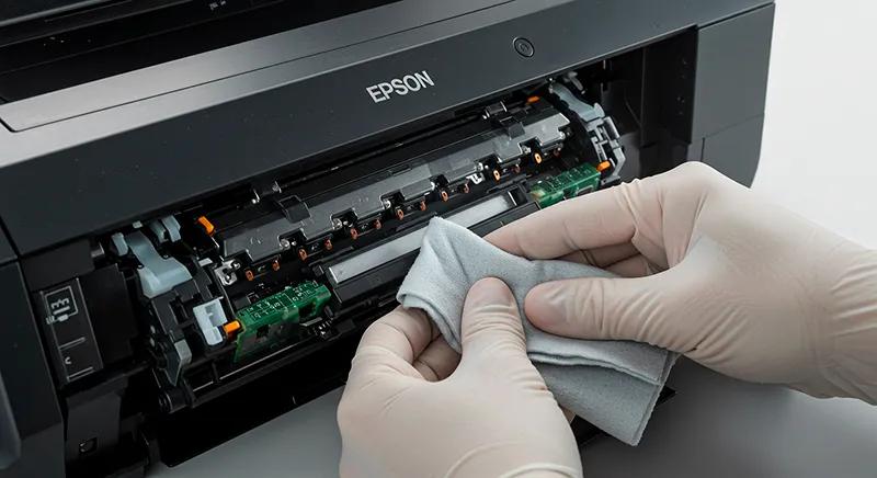 Técnico de TECNOCOM VALLE realizando mantenimiento profesional a una impresora Epson en Buga