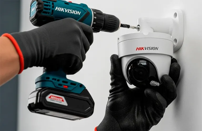 Técnico de TECNOCOM VALLE instalando una cámara de seguridad Hikvision profesional en Buga