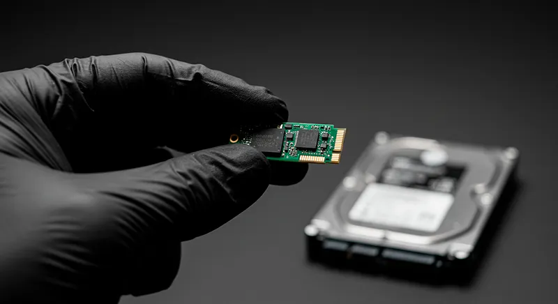 Técnico de TECNOCOM VALLE mostrando la diferencia entre un moderno Disco Sólido M.2 y un disco duro tradicional para actualización en Buga