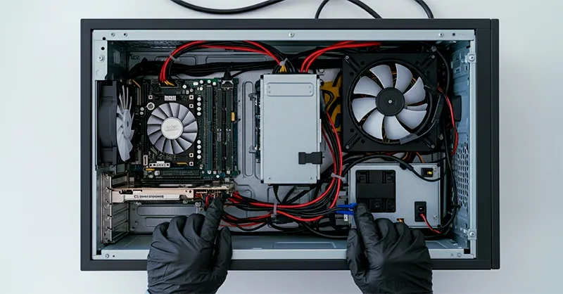 Mantenimiento de computadores y reparación profesional en Buga la Ciudad del Señor de los Milagros 38 Ensamblaje profesional de un PC de escritorio por TECNOCOM VALLE en Buga, con gestión de cables impecable.