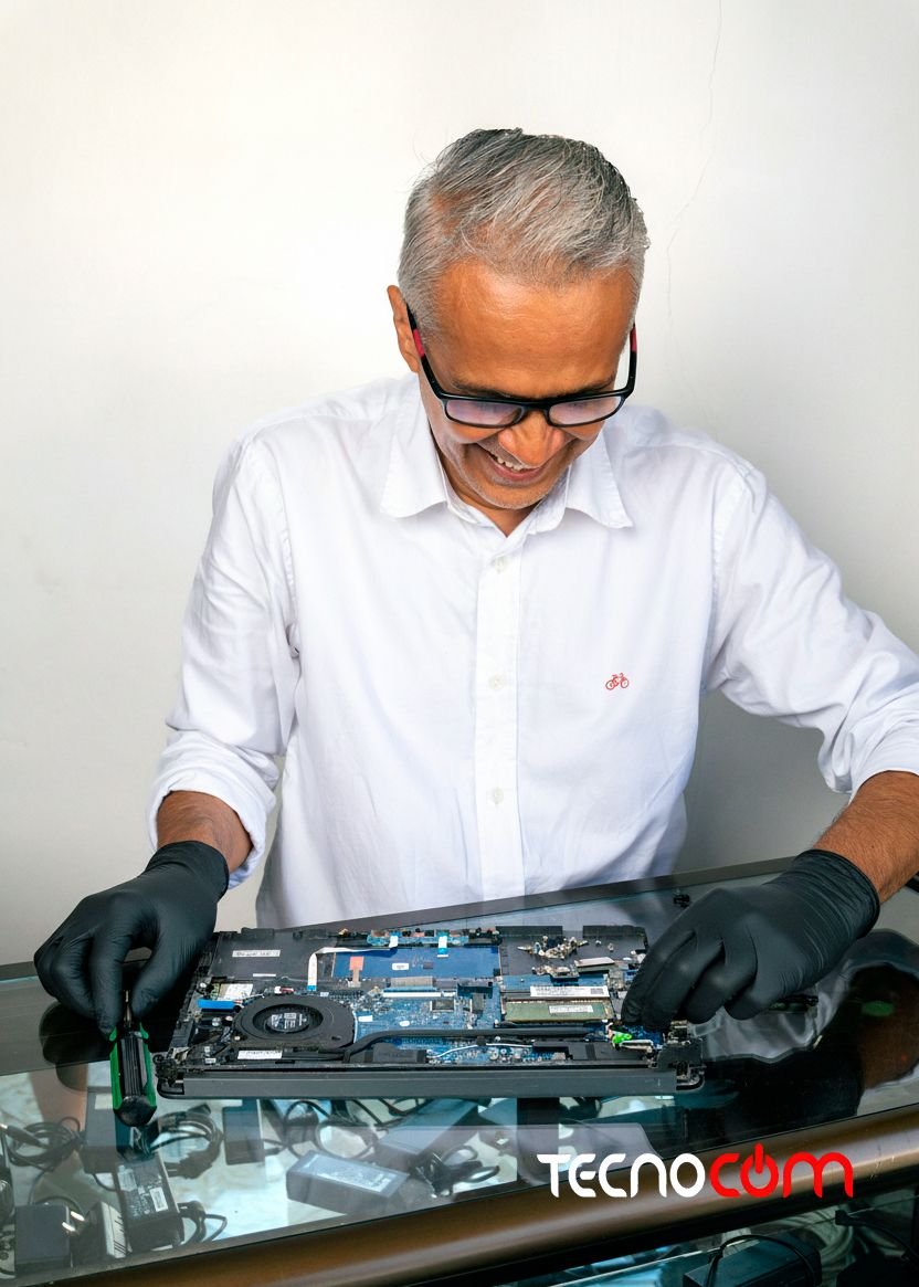 Técnico experto de TECNOCOM VALLE realizando mantenimiento profesional de un computador portátil en Buga.
