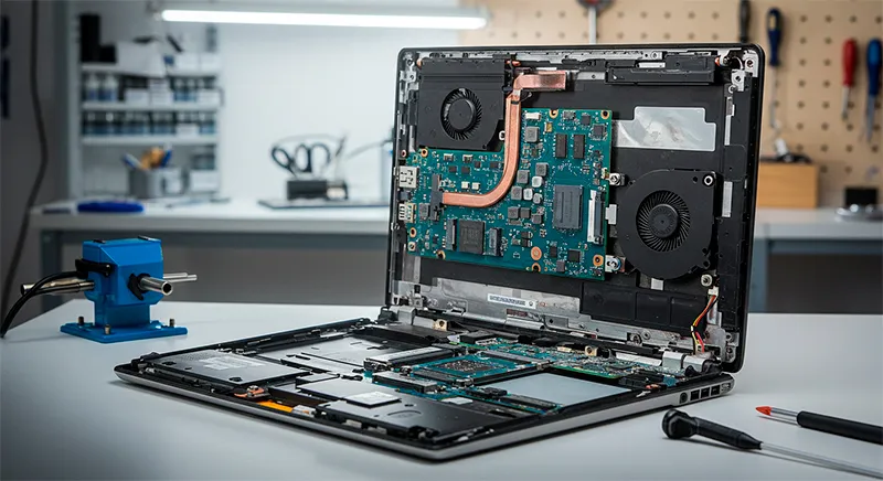 Portátil abierto en taller de TECNOCOM VALLE durante un mantenimiento preventivo profesional en Buga