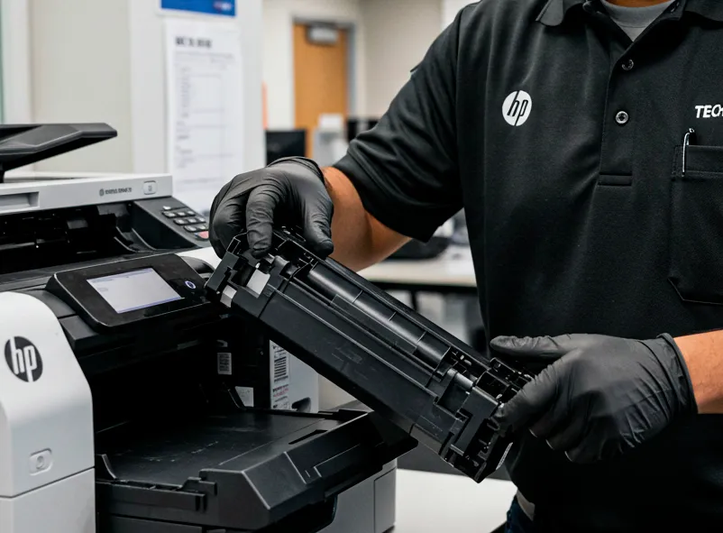 Técnico de TECNOCOM VALLE realizando servicio técnico a una impresora láser HP en Buga