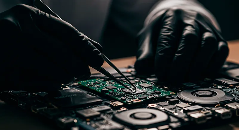 Técnico de TECNOCOM VALLE realizando una reparación de precisión a nivel de componente en una placa base de portátil en Buga
