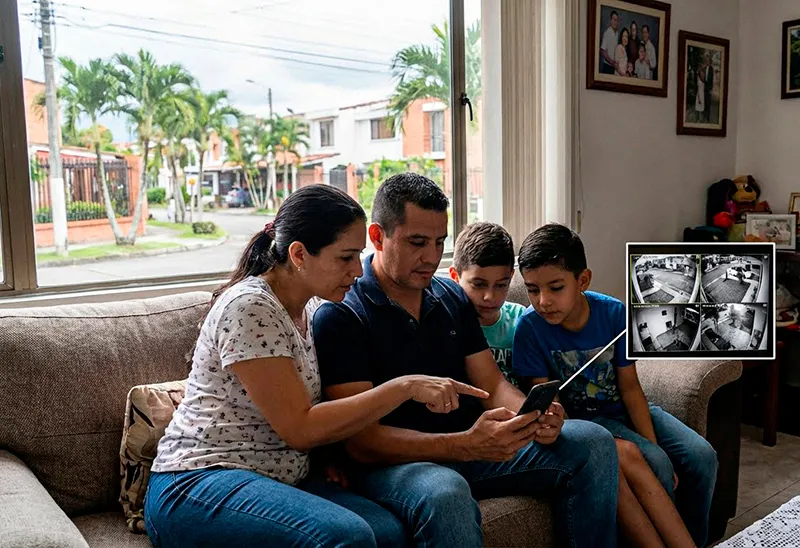 Familia en Cali revisando las cámaras de seguridad de su casa desde el celular, monitoreo remoto en Ciudad Jardin, Valle del Lili, el peñón y otros barrios residenciales