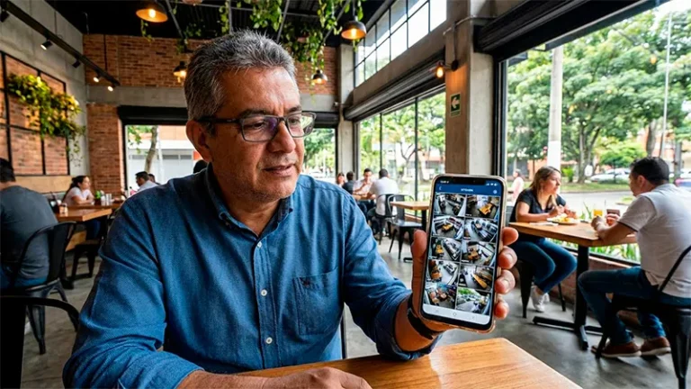 Dueño de restaurante de Granada Cali revisando cámaras de seguridad desde su celular