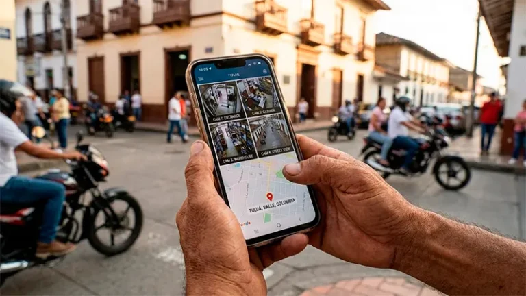 Persona monitoreando cámaras de seguridad en Tuluá centro desde el celular con vista en tiempo real.