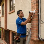 tecnico de tecnocom valle instalando camaras en barrio san antonio de cali colombia