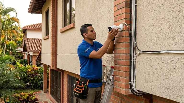tecnico de tecnocom valle instalando camaras en barrio san antonio de cali colombia