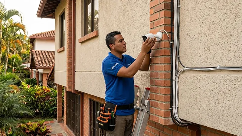 tecnico de tecnocom valle instalando camaras en barrio san antonio de cali colombia