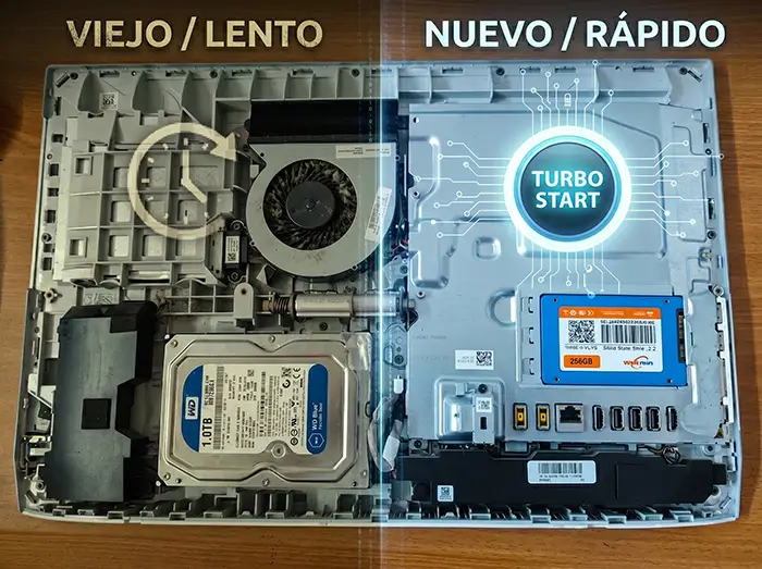 Gráfico visual comparativo de pantalla dividida que demuestra el servicio de actualización de hardware para computadores Lenovo Todo en Uno (All-in-One) realizado por Tecnocom Valle. En el lado izquierdo, bajo el texto 'VIEJO / LENTO', se muestra el interior del equipo con un disco duro mecánico tradicional WD Blue y un ícono de reloj que simboliza la lentitud del sistema operativo. En el lado derecho, bajo el texto 'NUEVO / RÁPIDO', se observa la placa base limpia con un nuevo Disco de Estado Sólido (SSD) Walram de 256GB instalado, resaltado por un botón digital holográfico que dice 'TURBO START' rodeado de circuitos. Esta ilustración explica el aumento extremo de velocidad y rendimiento garantizado en el servicio técnico ofrecido para Buga, Cali, Tuluá, Palmira y el Valle del Cauca