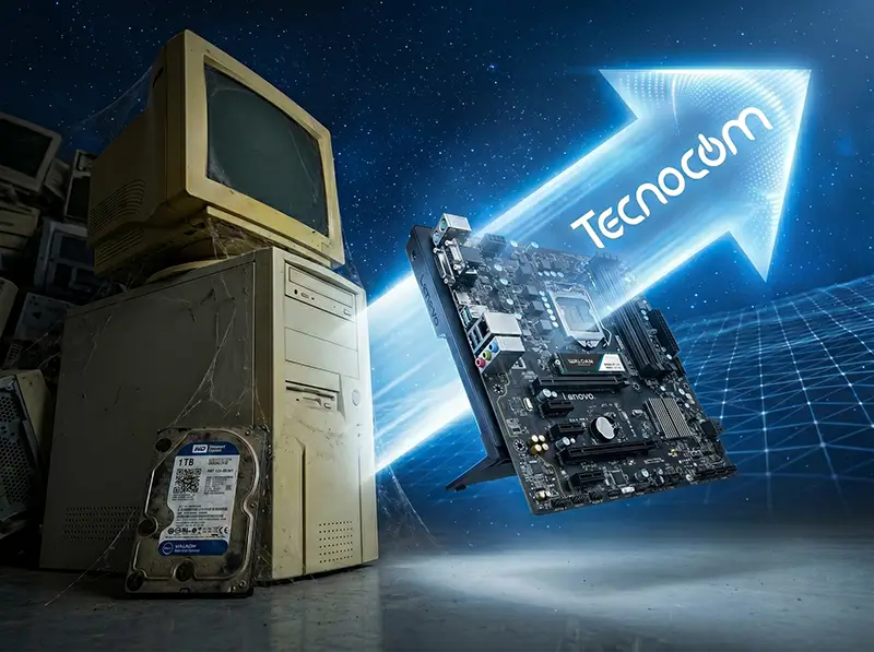 Gráfico compuesto profesional para la Home Page de Tecnocom Valle en Buga, Colombia, que muestra la unificación de servicios técnicos expertos. A la izquierda, el ingeniero especialista de Tecnocom Valle (un técnico mestizo Latino enfocado), seated at a neat workbench delicately installing a Walram SSD onto an open AIO PC motherboard, surrounded by tools. A la derecha, el mismo técnico está de pie sobre una escalera, mounting with precision a white security camera on the exterior wall of a brick and stucco building in Buga, against a background of lush foliage and natural sunlight. El logo de Tecnocom Valle (escudo con la 'T' estilizada y señales de red) está centralizado e integrado, conectando ambas acciones técnicas. Abajo, en el centro, texto radiante estilizado dice 'VELOCIDAD INSTANTÁNEA'. Esta imagen simboliza la experiencia certificada y honesta en mantenimiento de computadoras (reparación Todo en Uno, laptops HP, Epson, Lenovo) y sistemas de seguridad electrónica (CCTV avanzado, cámaras de monitoreo) para empresas y oficinas en Cali, Tuluá, Ginebra y todo el Valle del Cauca.